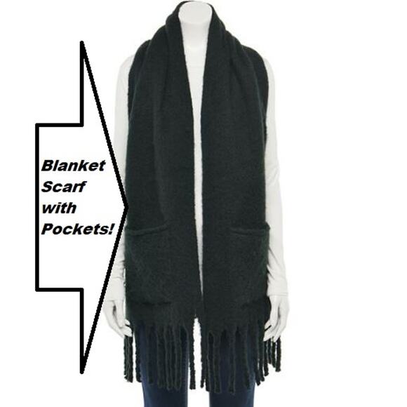 Blanket SCARF w/ Pockets Brushed Wooly Heavy Black Fringe Lauren Conrad NEW - Picture 1 of 8